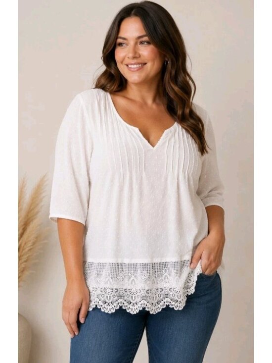 Unbranded Tops - Boho Pintucked Sheer Blouse Swiss Dot Lace Detail Pullovet Lightweight 3XL White